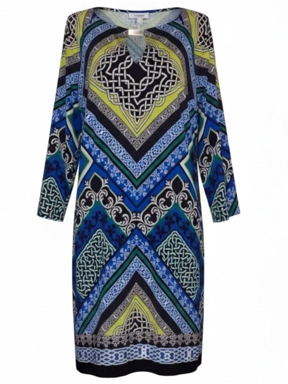 LAUNDRY by SHELLI SEGAL LA Midi Dress Geometrical Pattern Blue Gold SZ M